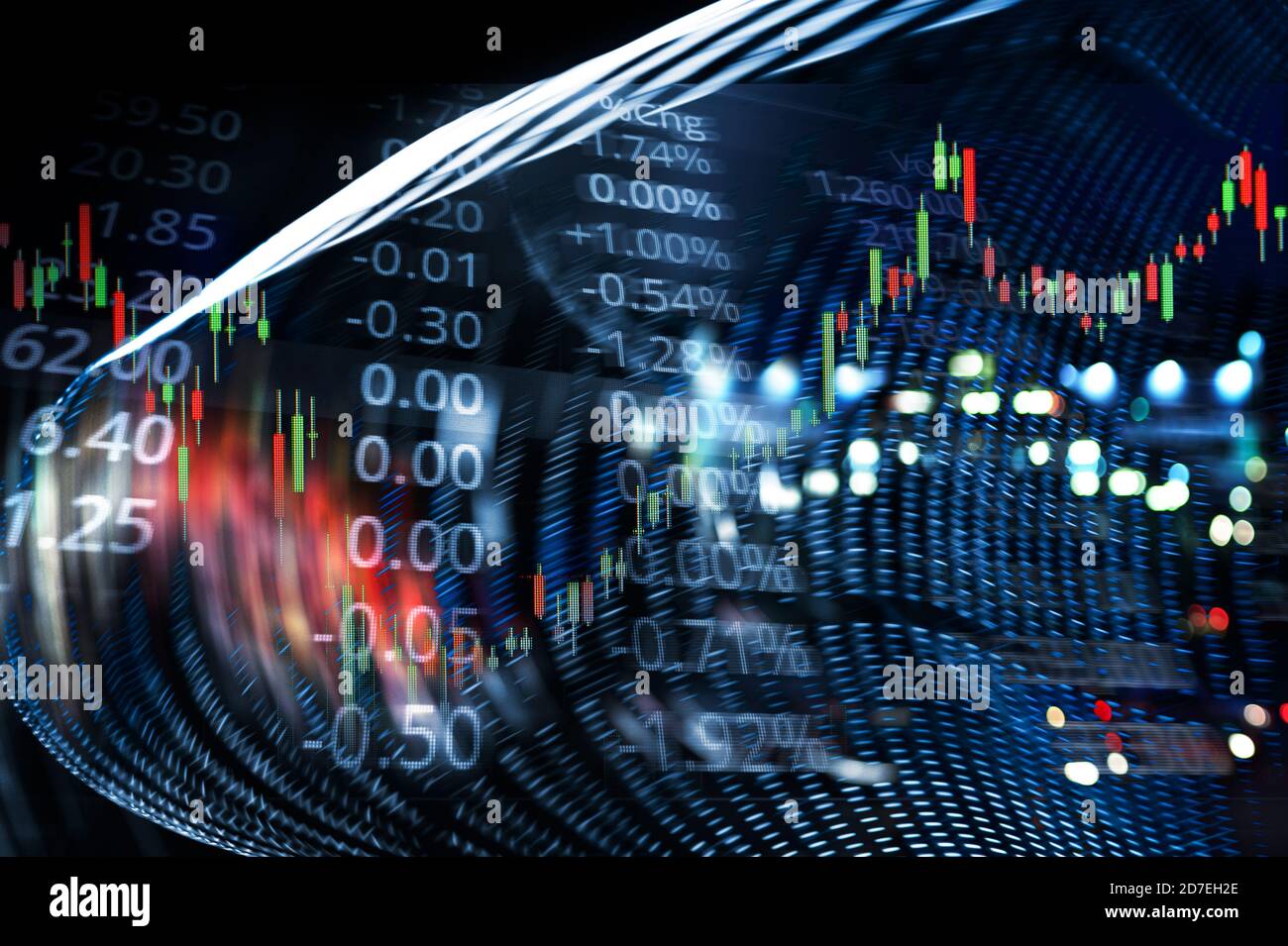 graph line of trade stock market and index number on glow blur city light banner business technology background Stock Photo