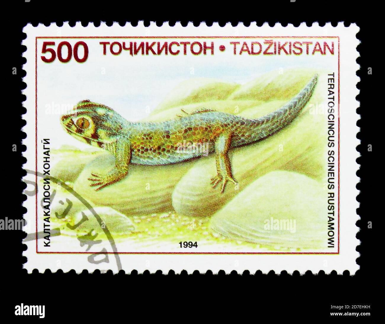 MOSCOW, RUSSIA - NOVEMBER 26, 2017: A stamp printed in Tajikistan shows Common Wonder Gecko (Teratoscincus scincus), Lizards serie, circa 1995 Stock Photo