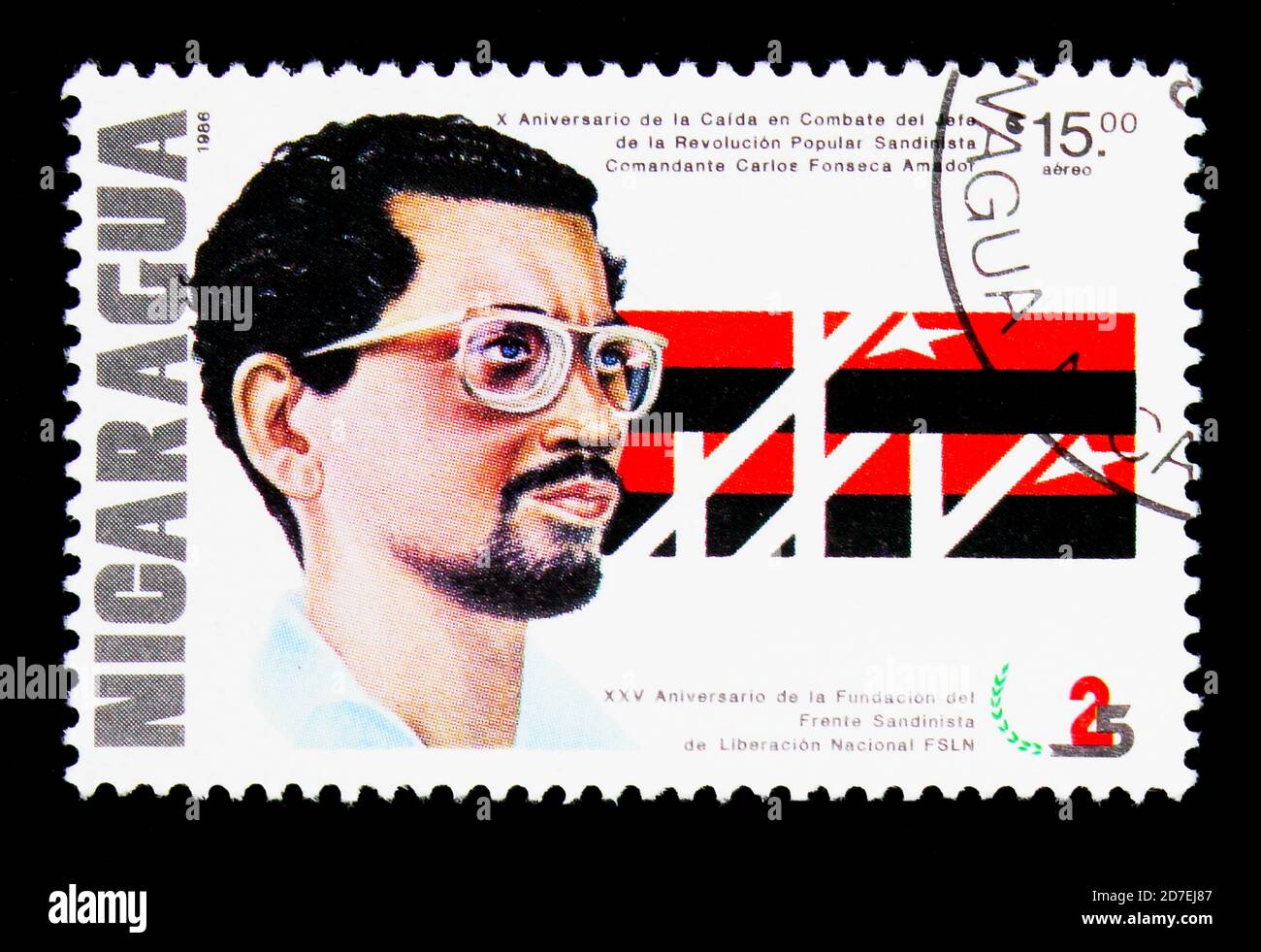 MOSCOW, RUSSIA - NOVEMBER 26, 2017: A stamp printed in Nicaragua shows The 10th Anniversary of the Death of Carlos Fonseca Amador, Founding of the San Stock Photo