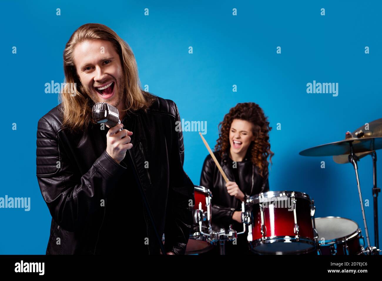 Funky crazy famous rock star two people man sing song mic composition