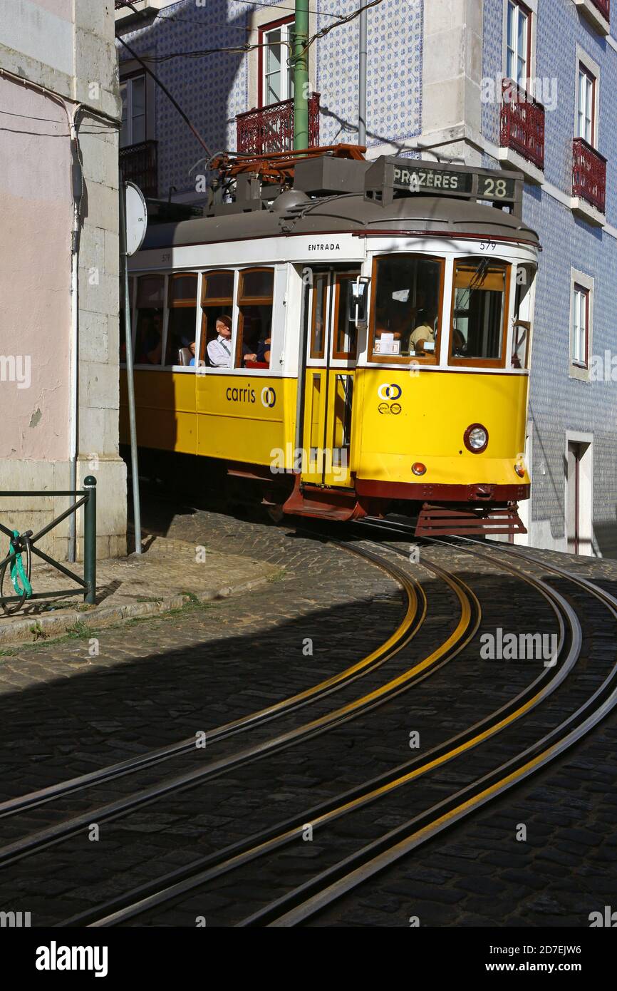 Cable car in Alfama, old quartier of Lisbon Stock Photo