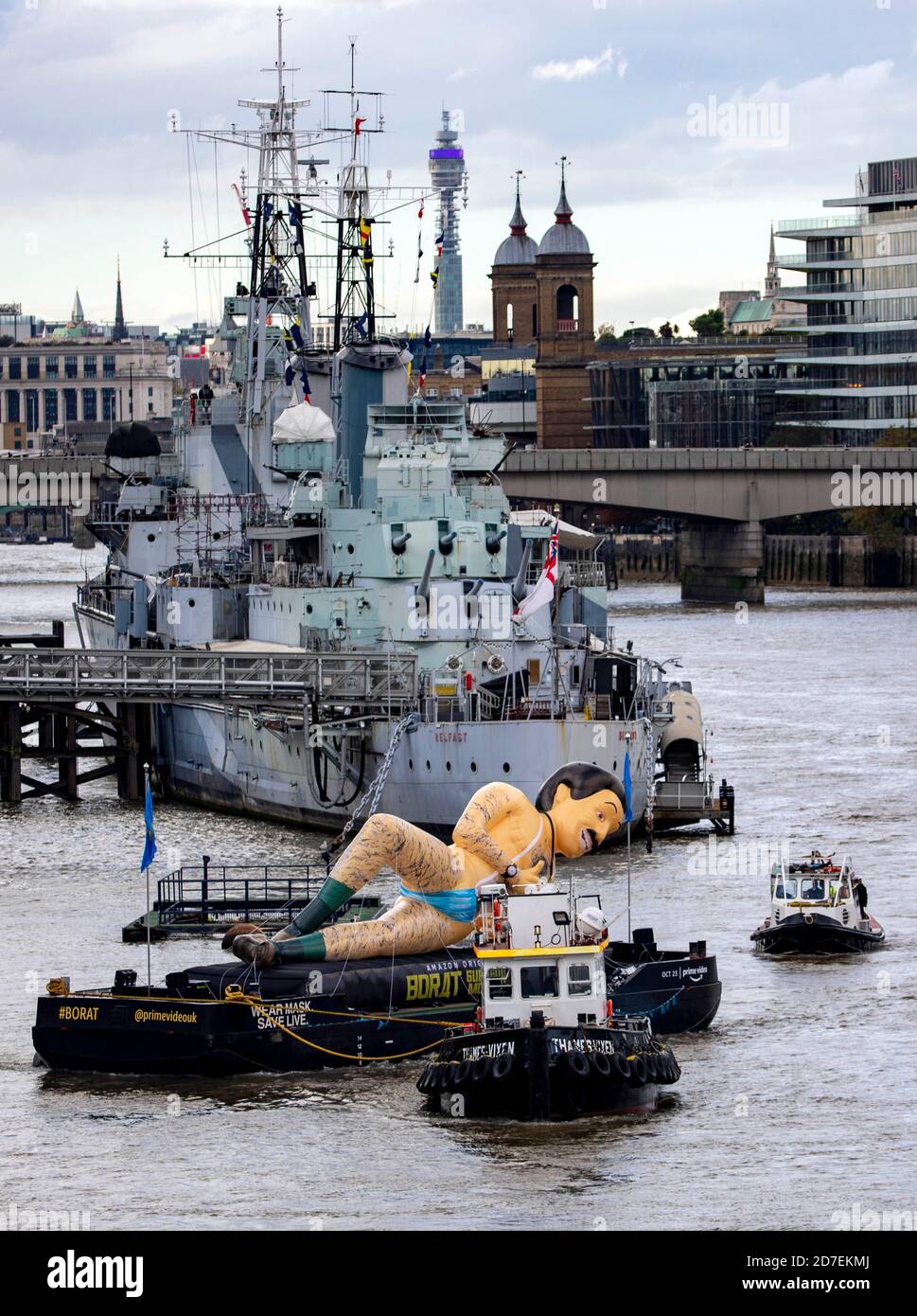 pic shows:  Borat inflatable goes down the Thames in London to promote Borat 2  HMS Belfast     Picture by Gavin Rodgers/ Pixel8000 Stock Photo