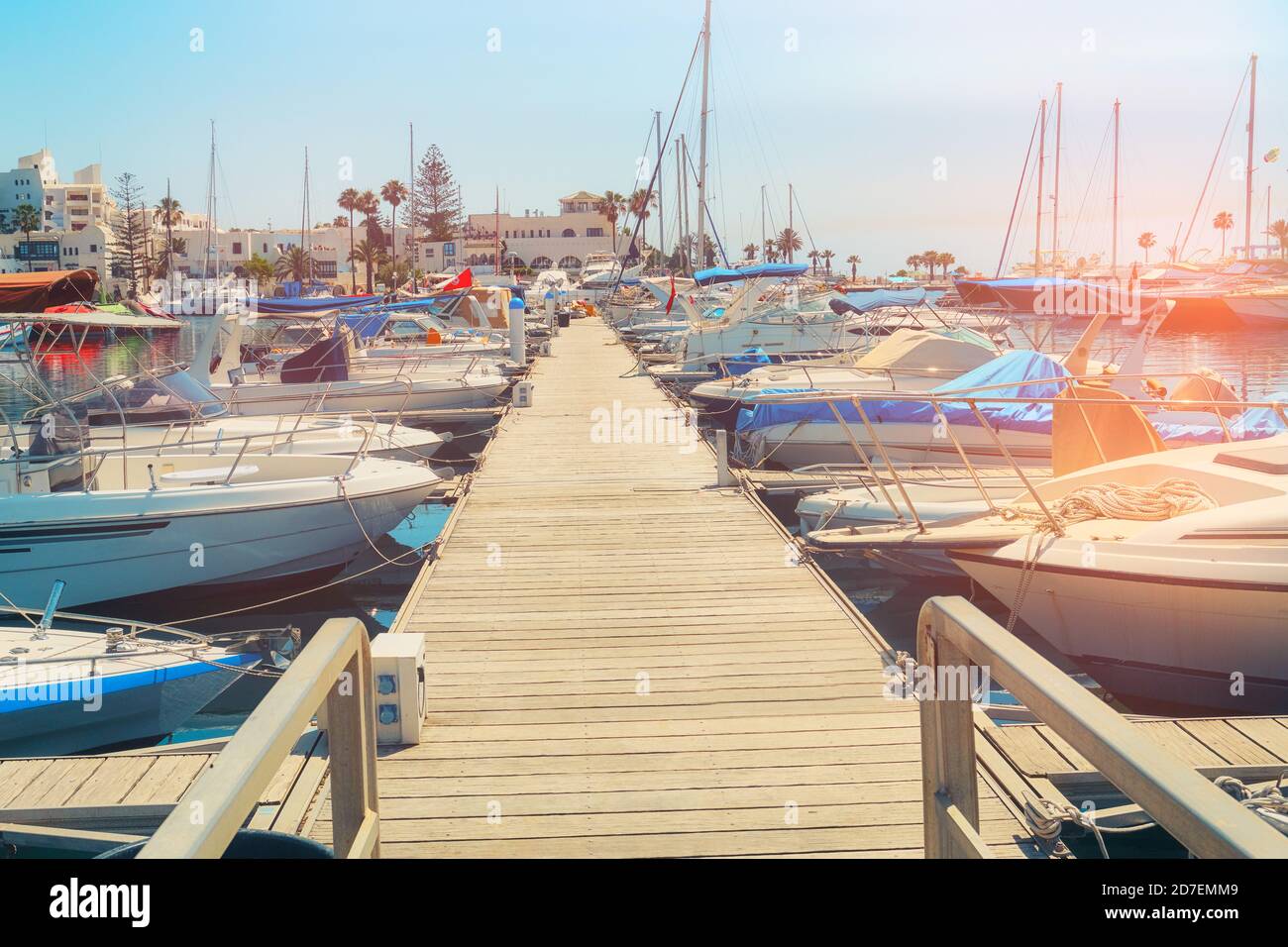 Beautiful ships and yachts moored to wharf in the Mediterranean Stock Photo