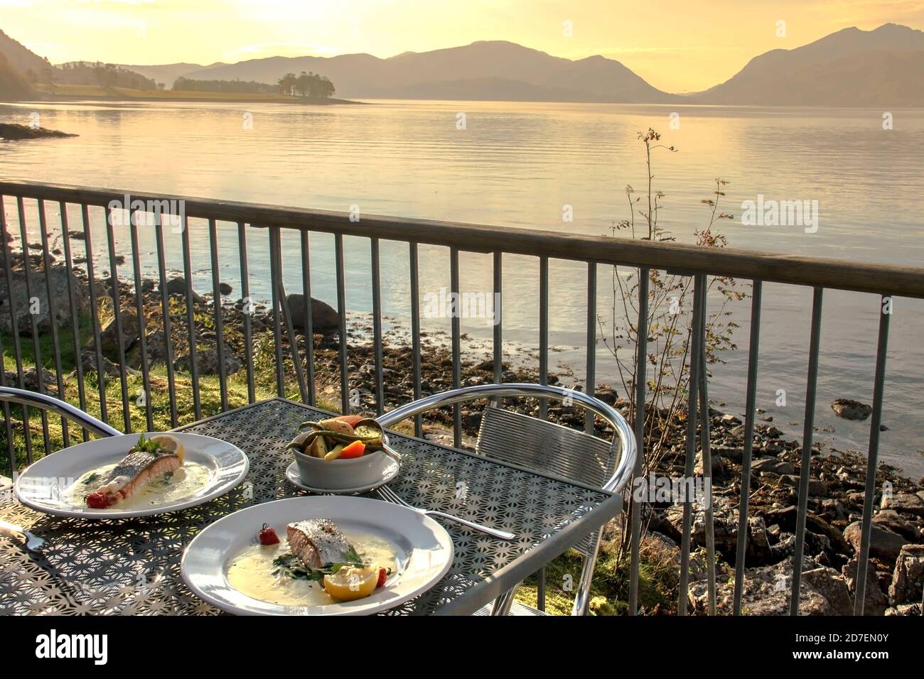 Romantic dinner in Scottish Highlands. Loch Linnhe in Kentallen, Appin, Scotland, UK Stock Photo