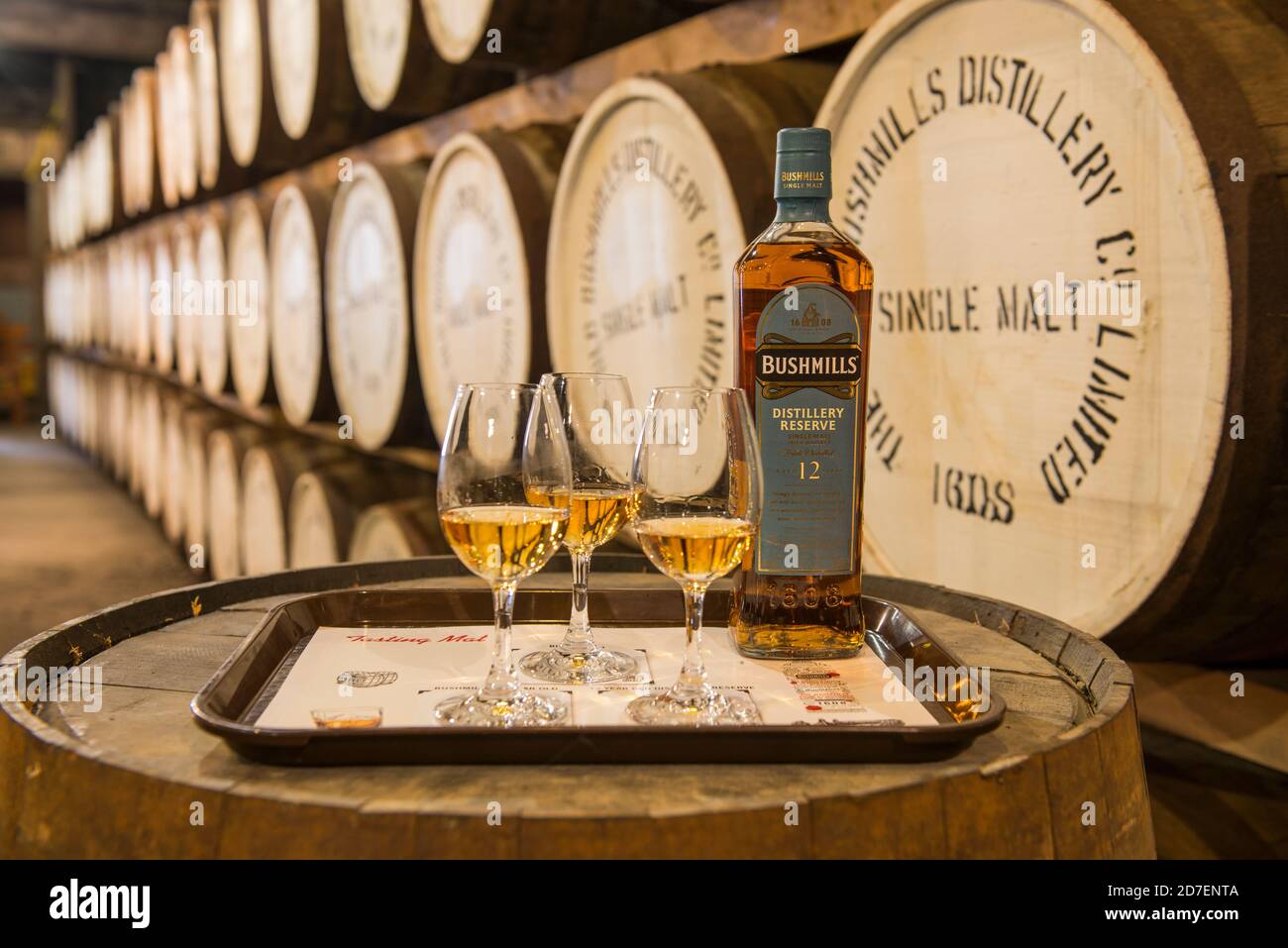 Bushmills whisky produced at a distillery in Bushmills, County Antrim, Northern Ireland, U.K. Stock Photo