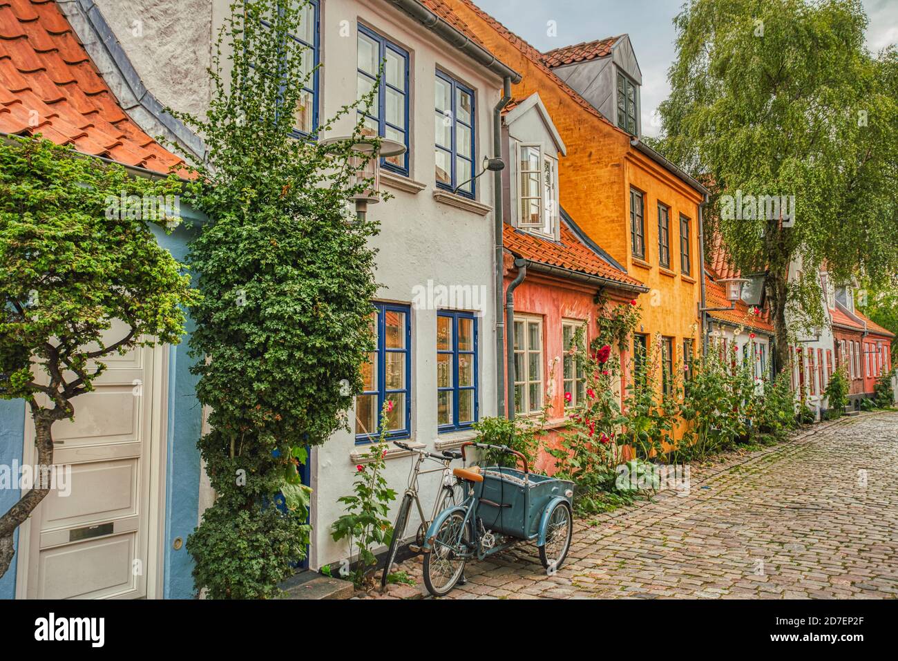 Traditional Scandinavian Cargo bicycle (Christiania Bike) parked at a house entrance by a colorful facade represents the Scandinavian Danish lifestyle Stock Photo