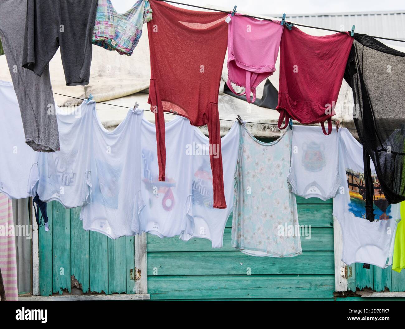 Laundry on a line blowing in the breeze in Roatan, Honduras. Stock Photo