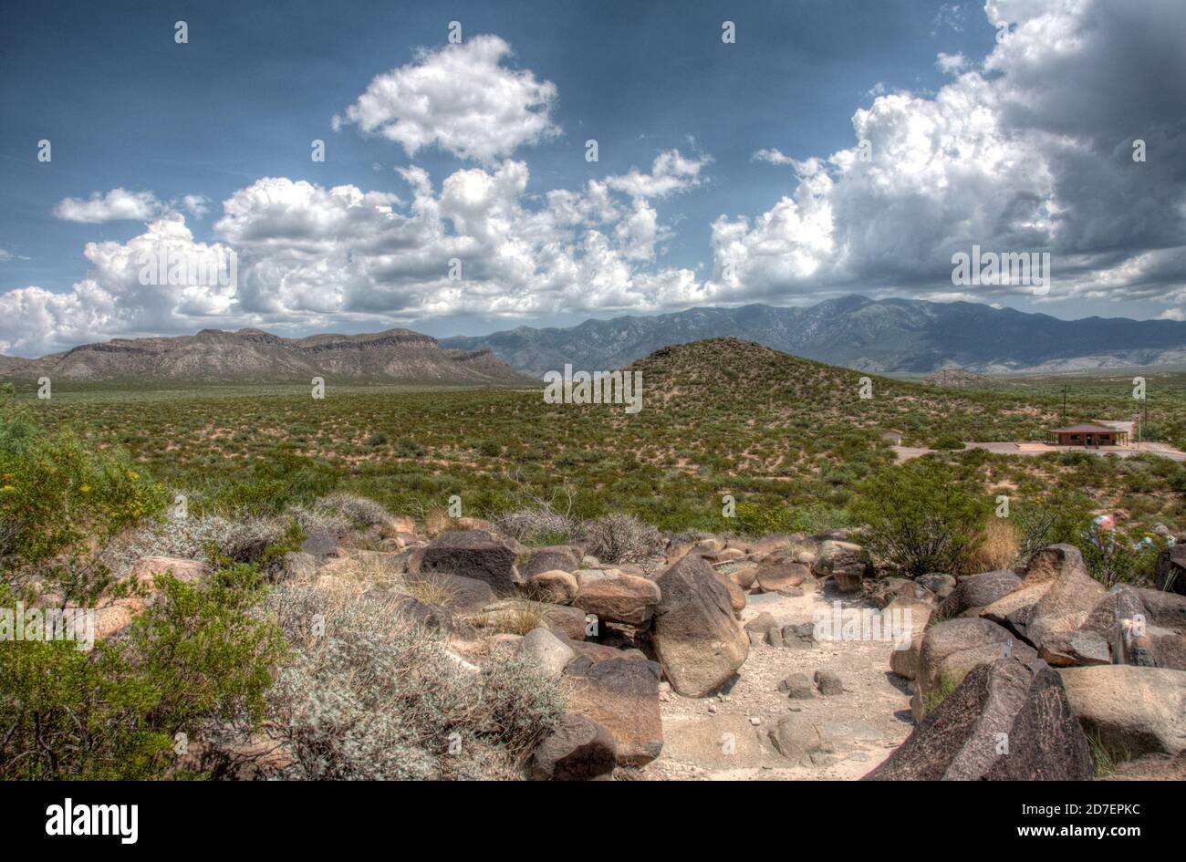 Three Rivers Petroglyph Site near Tularosa, New Mexico, with the Sierra Blanca Mountains in the distance. Stock Photo