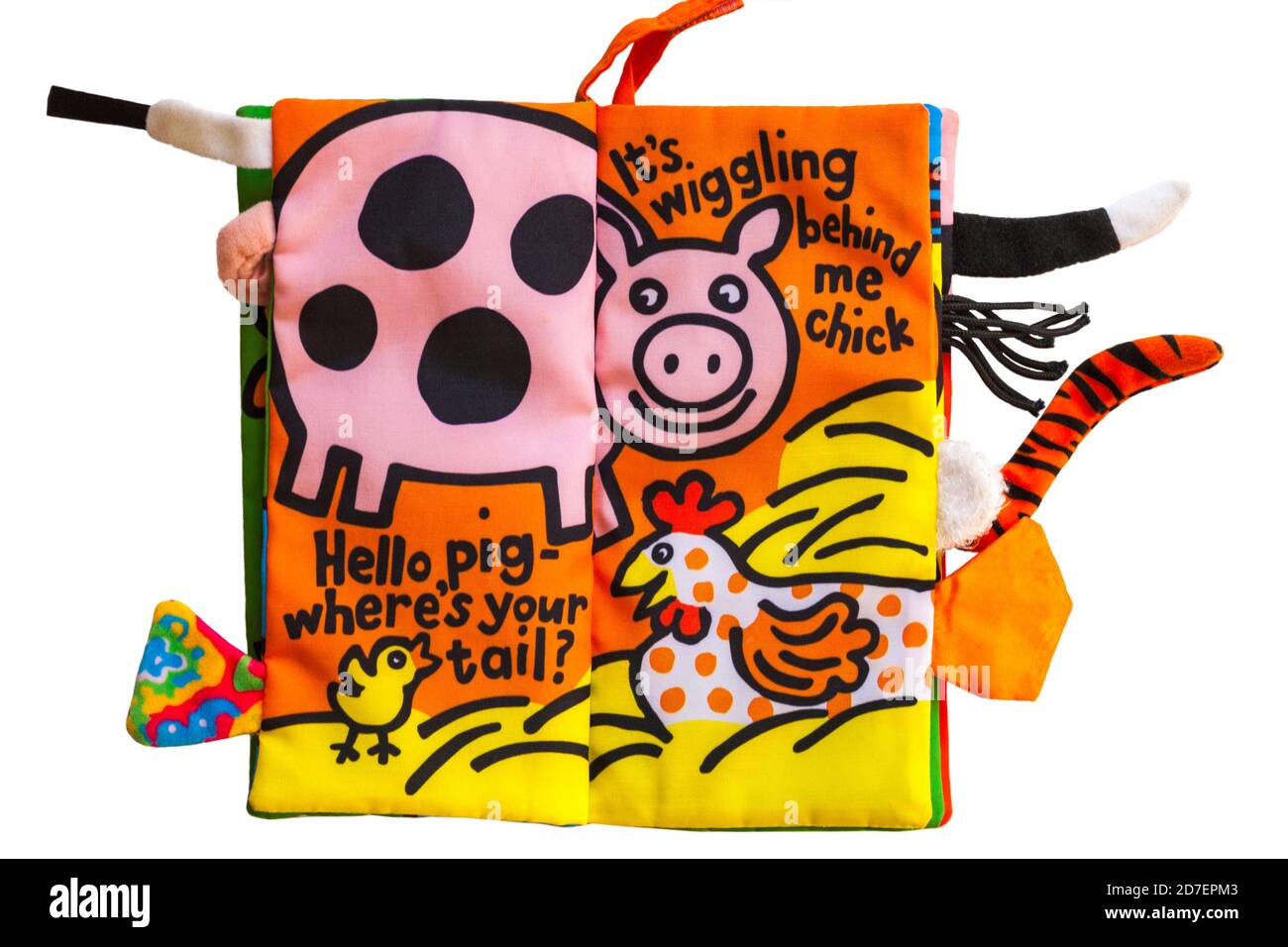 Young child's Farm Tails fabric book set on white background Stock Photo
