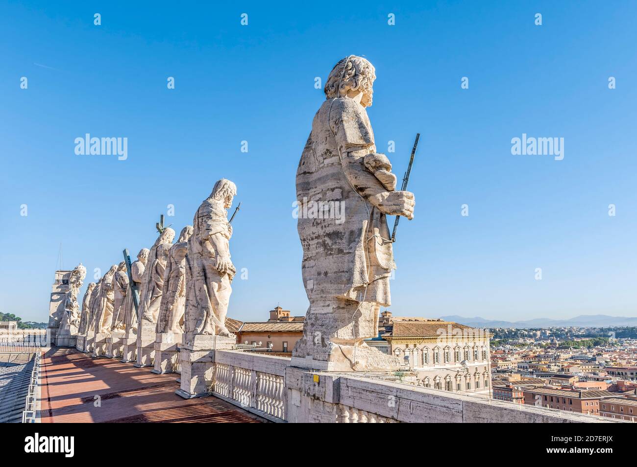 Near view of the ancient sculptures of the saint apostles on the roof ...