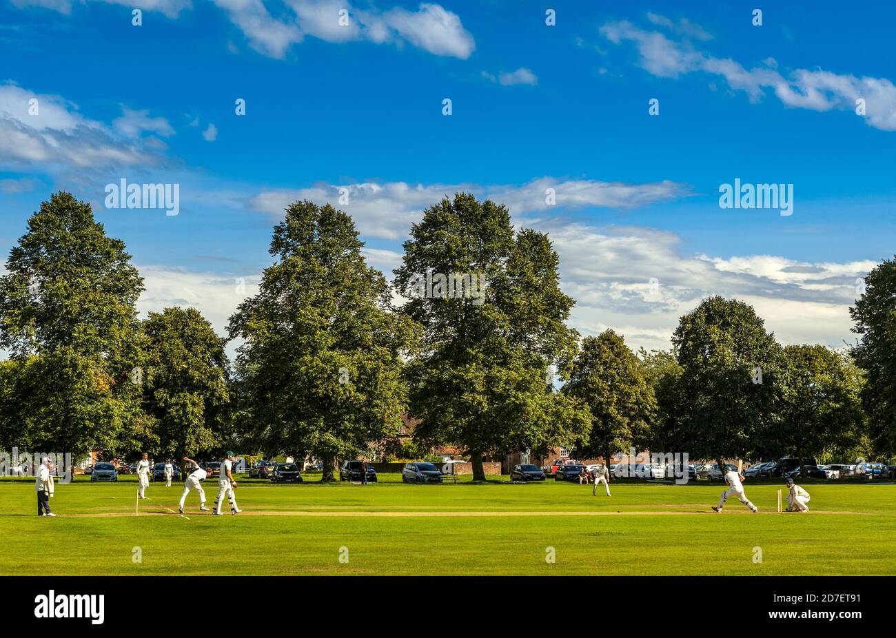 Redbourn Cricket Club in mid action. Stock Photo