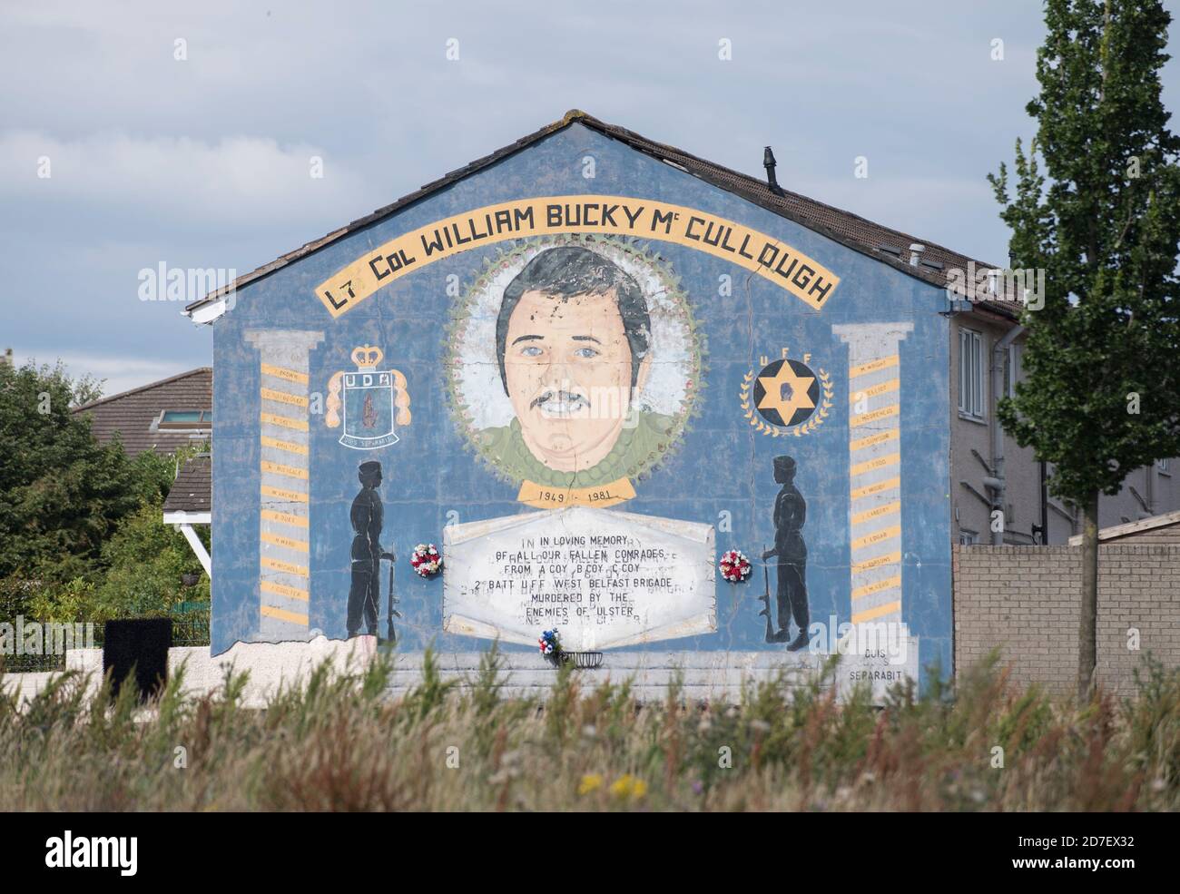 Col. William Bucky McCullough troubles mural in Belfast, County Antrim, Northern Ireland, U.K. Stock Photo