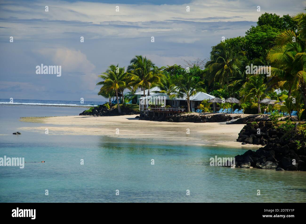 Landscape of a beach surrounded by palm trees and the sea in the Savai ...