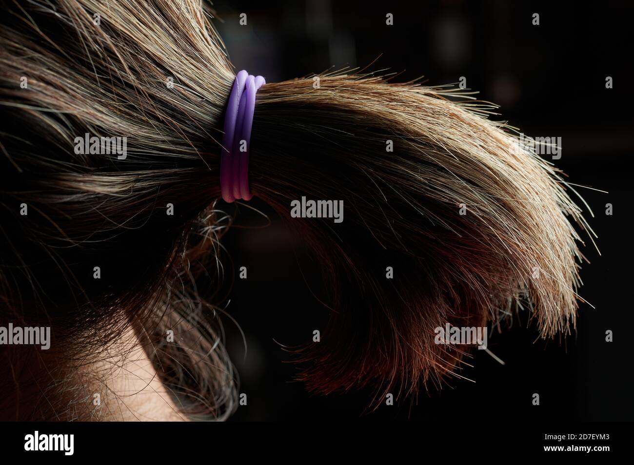 Pony tail hairstyle side view of dark color hair Stock Photo