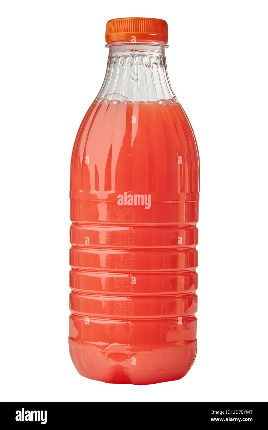 Bottled fruit juice isolated over white background Close up Stock Photo