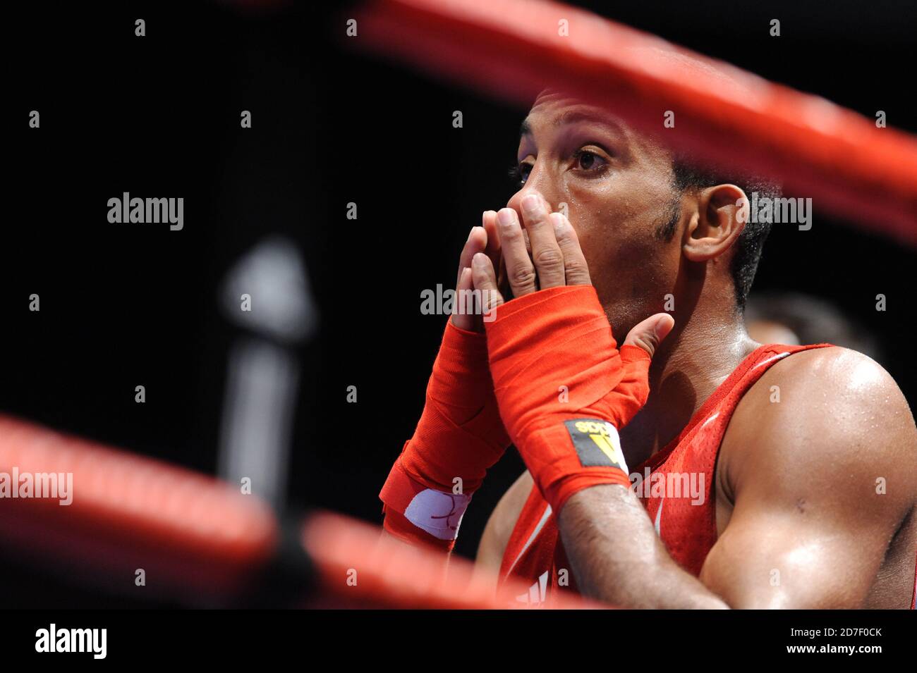 Boxer at the ring's corner waiting for the verdict, during an amateur boxing match of the AIBA World Boxing Champioship in Milan 2009. Stock Photo