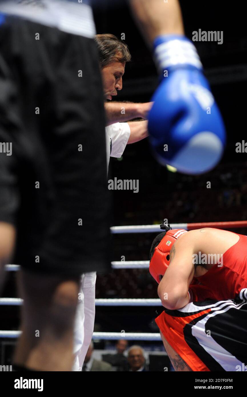 Boxer knock out, during an amateur boxing match during the AIBA World Boxing Champioship in Milan 2009. Stock Photo