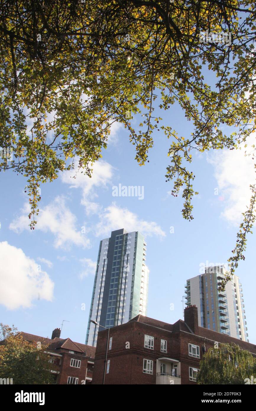 London, United Kingdom, 22th of Oct. 2020. A view of Woodberry Grove's new buildings from Seven Sisters Road. The Happy Man Tree in London’s Woodberry Grove, Hackney, has been awarded this year's Woodland Trust Tree of the Year on 22nd of October. But this 150-year-old London’s Heritage tree could be felled within a few weeks, due to the controversial Berkeley Homes development plans for Hackney council housing. While the Council argues that ‘campaigners only care for one tree.’ Residents say they deserve both, “trees and homes'. Sabrina Merolla/Alamy Stock Photo