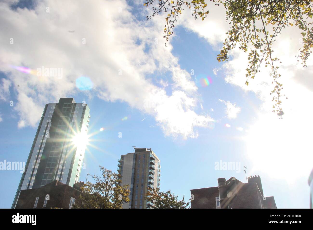 London, United Kingdom, 22th of Oct. 2020. A view of Woodberry Grove's new buildings from Seven Sisters Road. The Happy Man Tree in London’s Woodberry Grove, Hackney, has been awarded this year's Woodland Trust Tree of the Year on 22nd of October. But this 150-year-old London’s Heritage tree could be felled within a few weeks, due to the controversial Berkeley Homes development plans for Hackney council housing. While the Council argues that ‘campaigners only care for one tree.’ Residents say they deserve both, “trees and homes'. Sabrina Merolla/Alamy Stock Photo