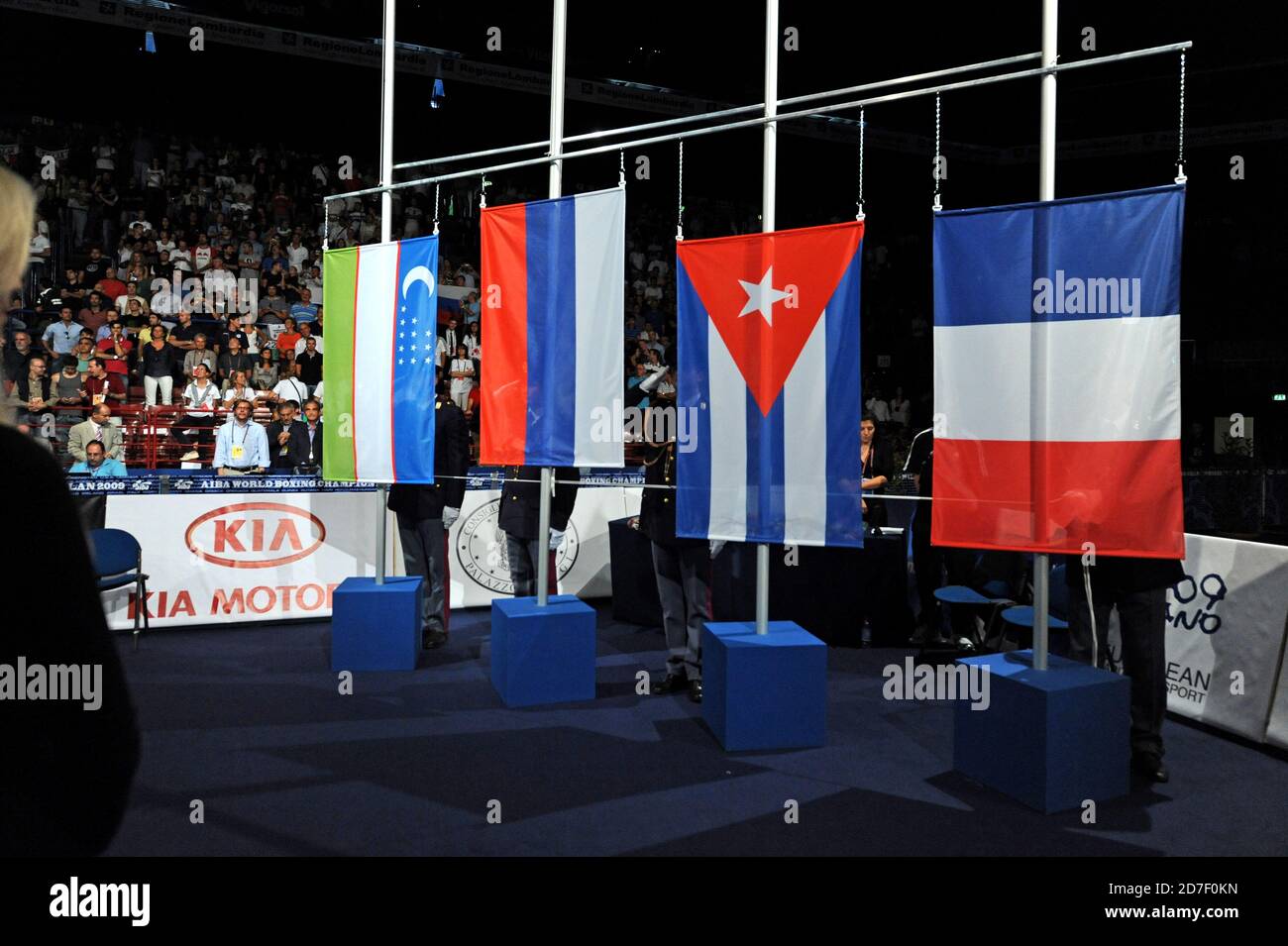 National flags during the medal ceremony of the amateur AIBA World Boxing Champioship in Milan 2009. Stock Photo