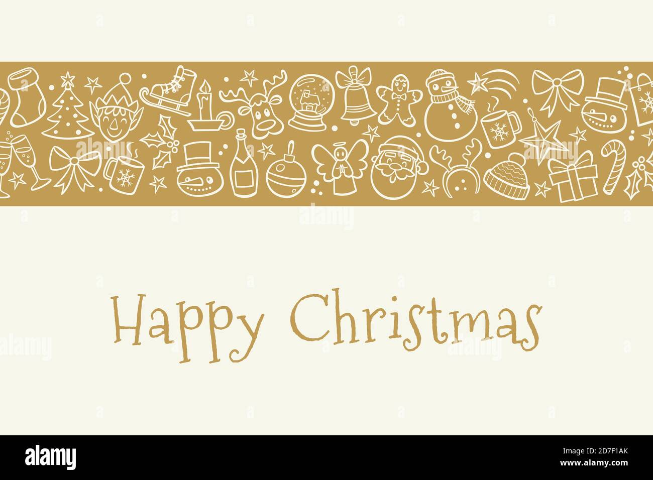 Christmas greeting card. Golden banner with hand drawn white outline design elements. Vector illustration. Stock Vector