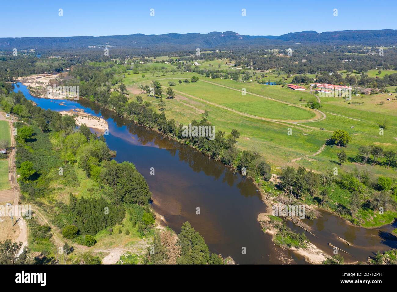 Aerial view of the Hawkesbury River running through agricultural