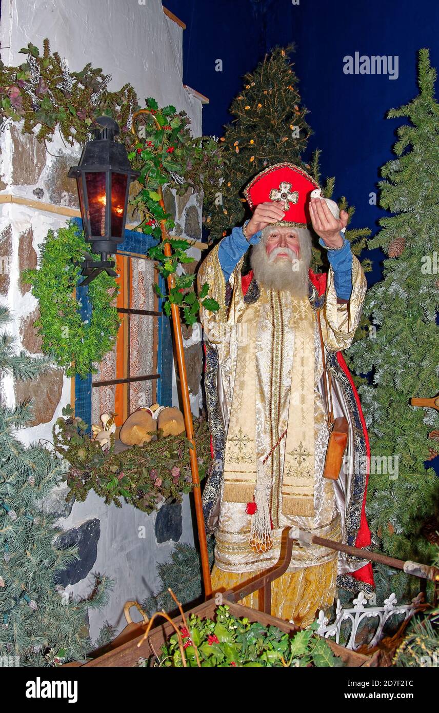 St. Nicholas of Holland figure, ornate garb, miter, staff, holiday decoration, Christmas scene, bishop, Paradise, PA Stock Photo