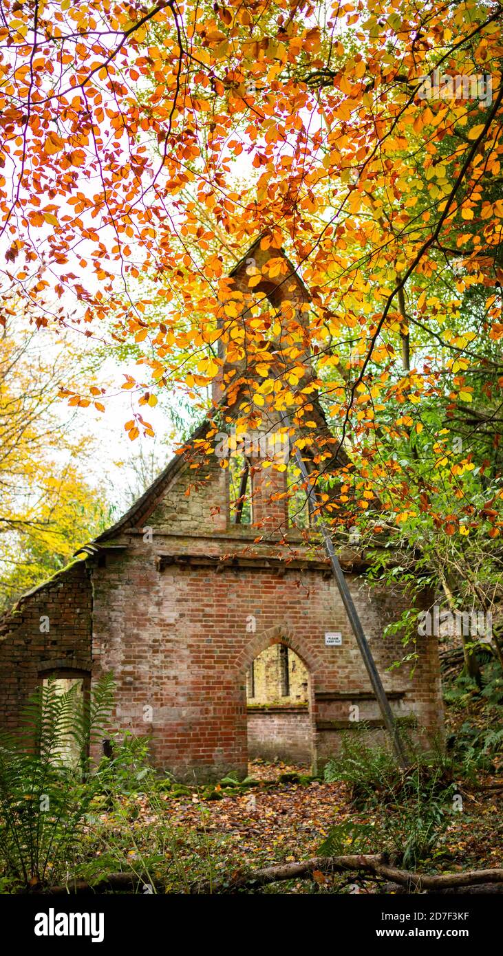 The derelict victorian school in Bedham woods near Petworth in West ...