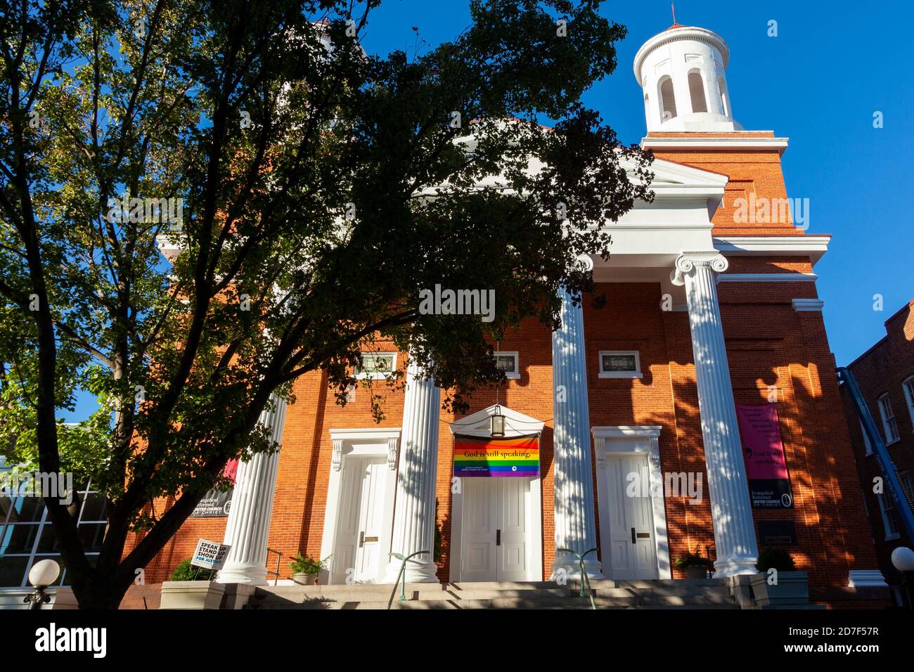Frederick, MD, USA 10/14/2020: Historical building of Evangelical Reformed United Church of Christ in old Frederick. The brick building with white col Stock Photo