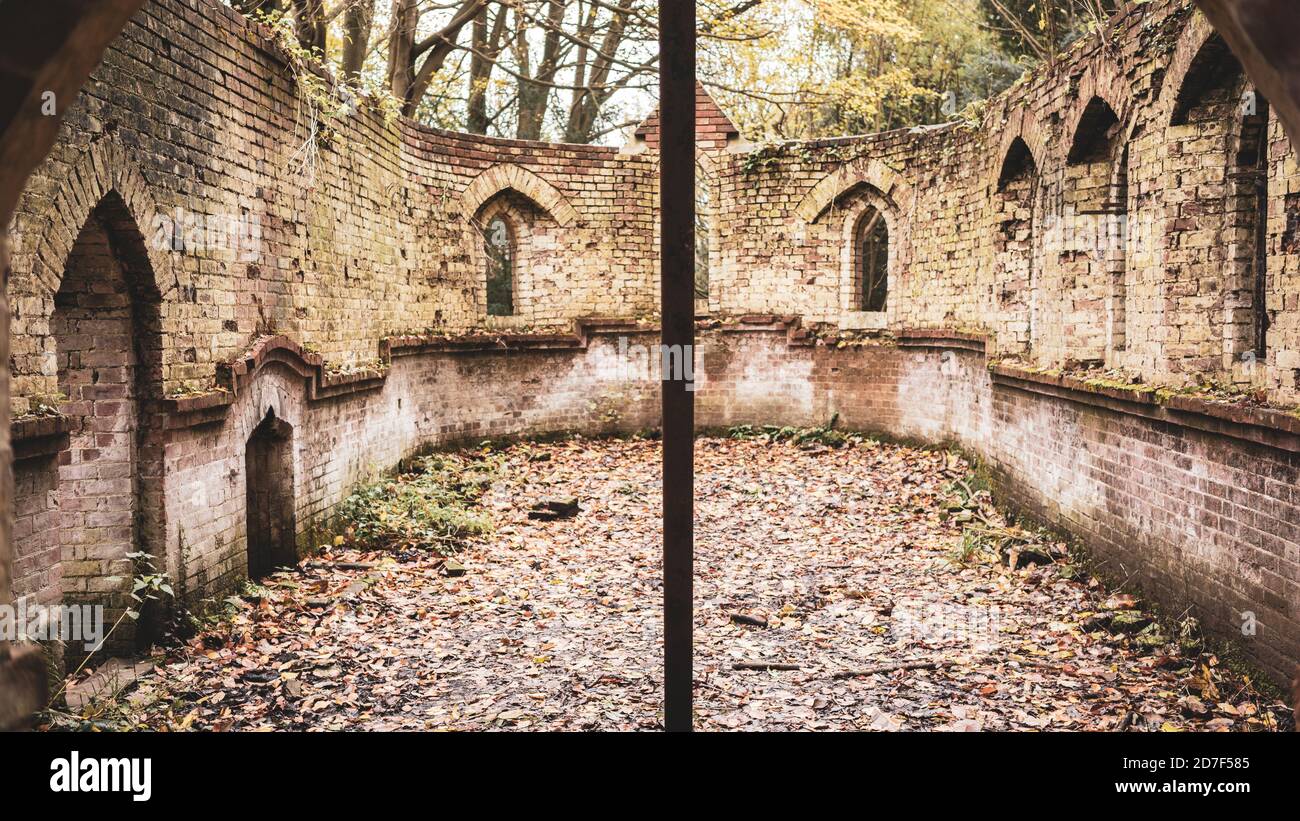 The derelict victorian school in Bedham woods near Petworth in West ...