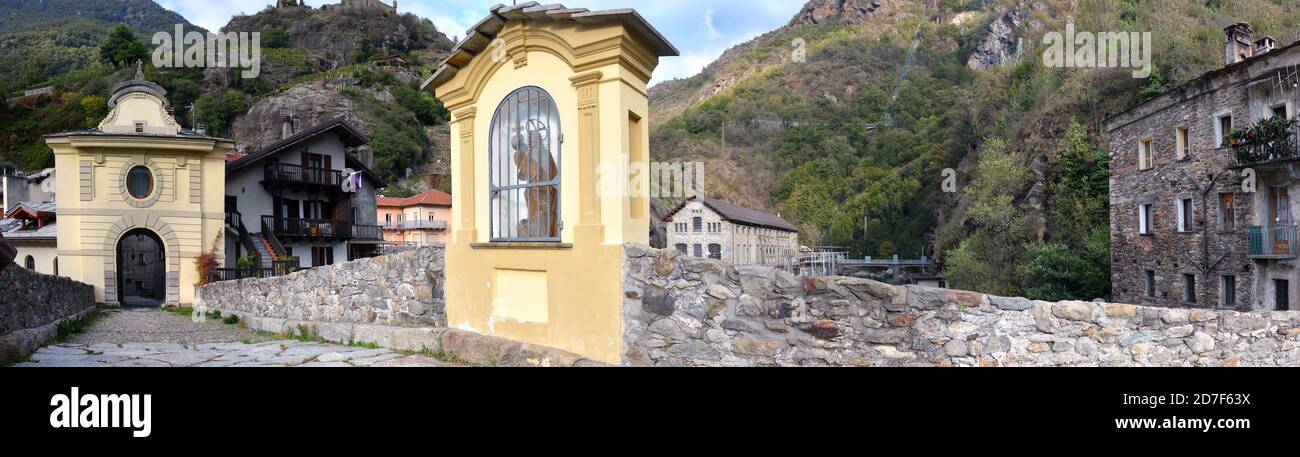Pont Saint Martin, Aosta Valley, Italy. -10/11/2020- The ancient Roman bridge over the Lys river. Stock Photo