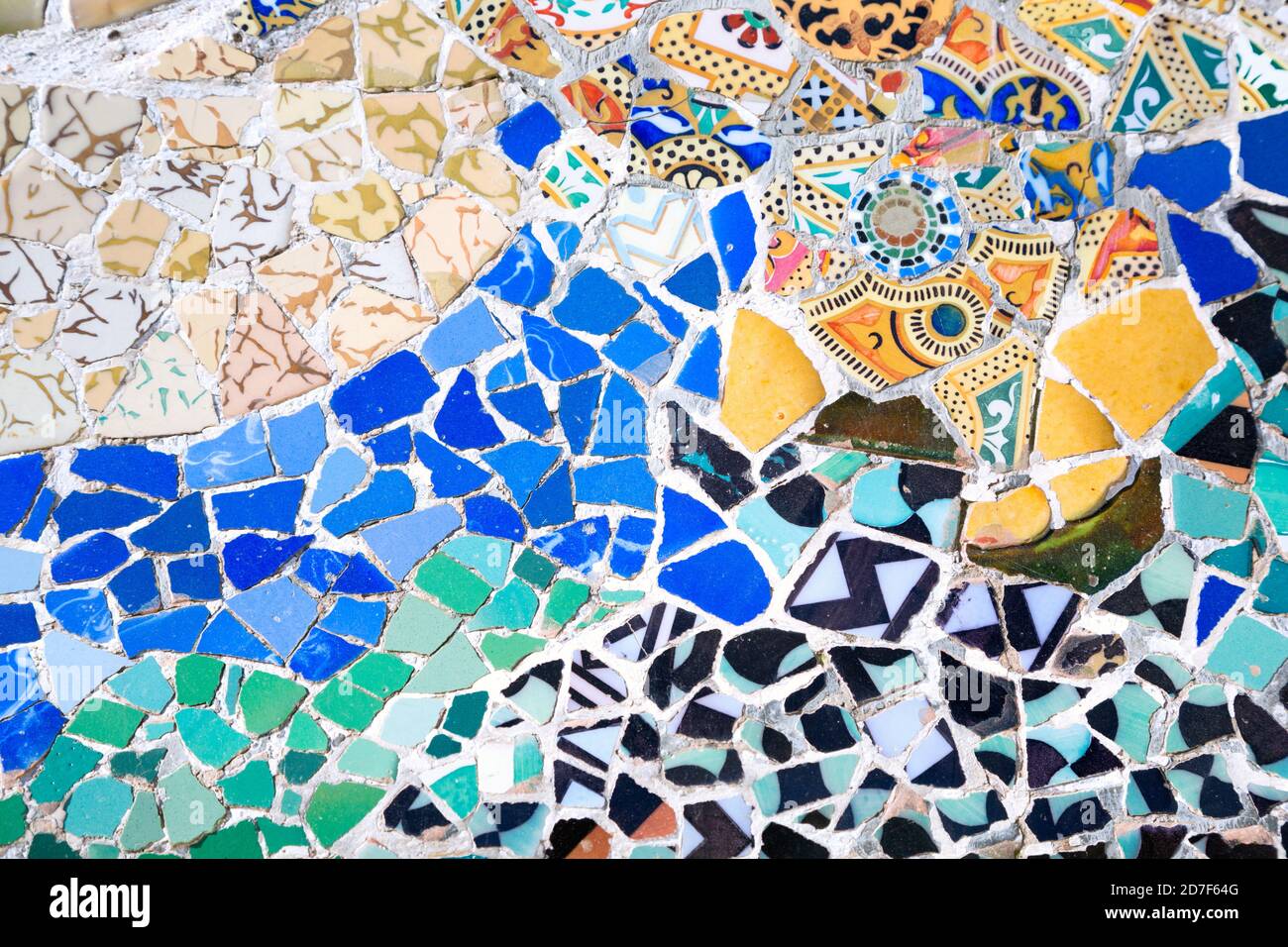 Colorful mosaic by Antoni Gaudi in Park Guell of Barcelona Stock Photo