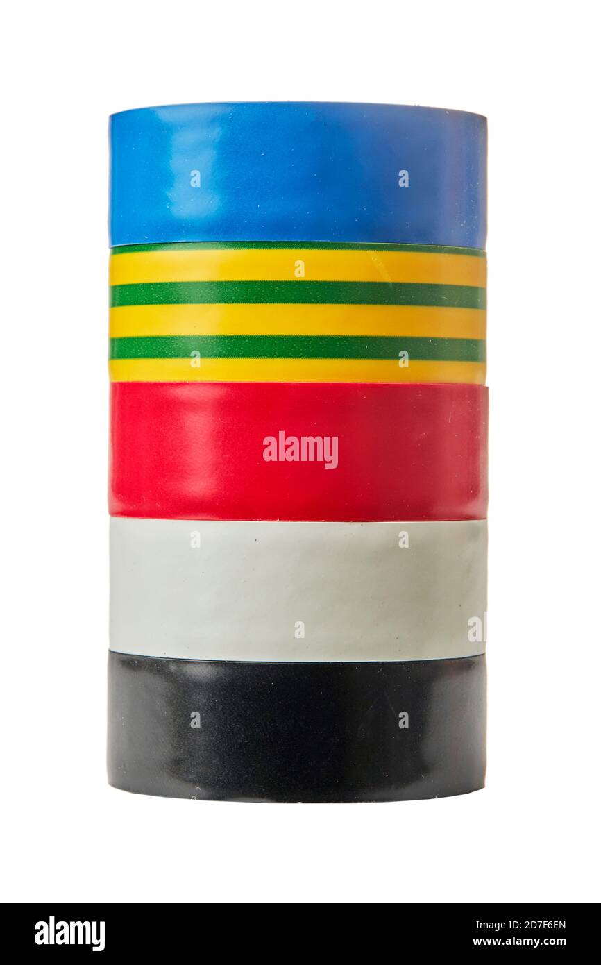Multicolored insulating tapes roll isolated on white background Close up Stock Photo