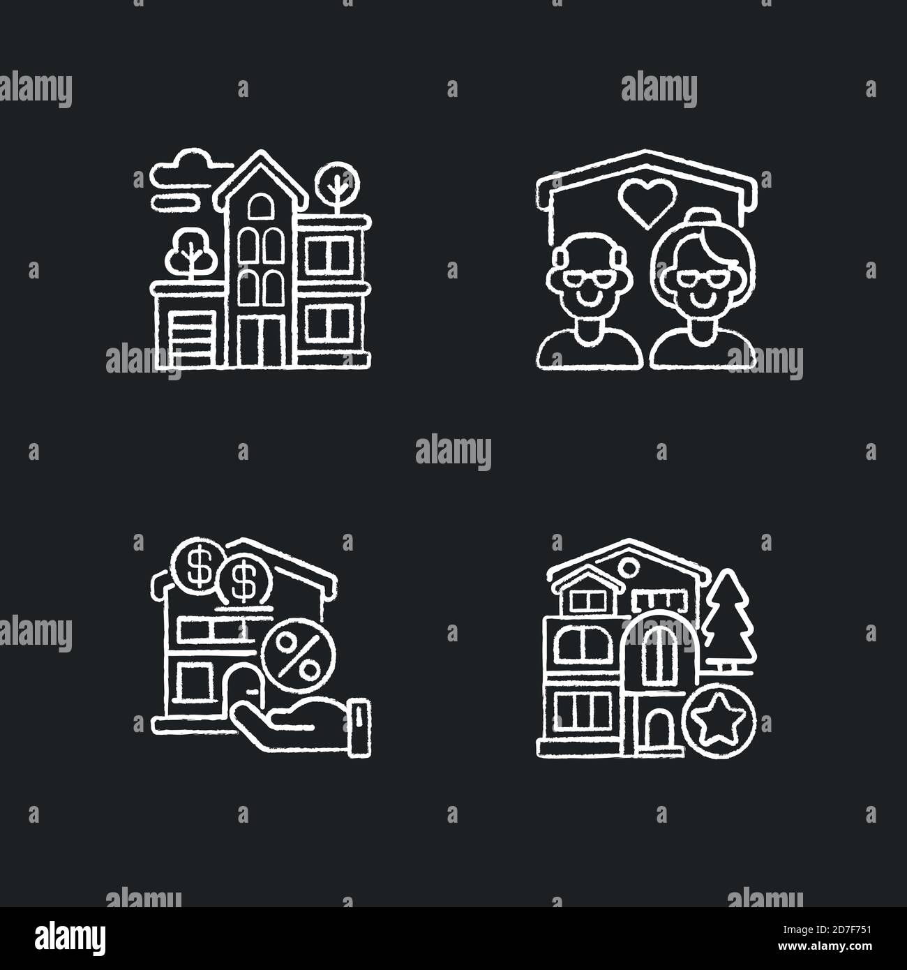 Building types chalk white icons set on black background Stock Vector ...