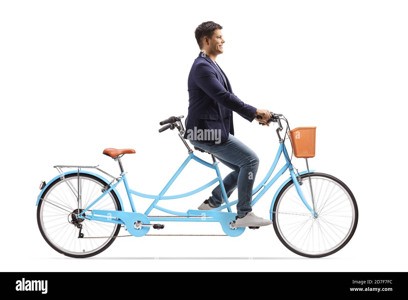 Man riding a tandem bicycle alone isolated on white background Stock Photo