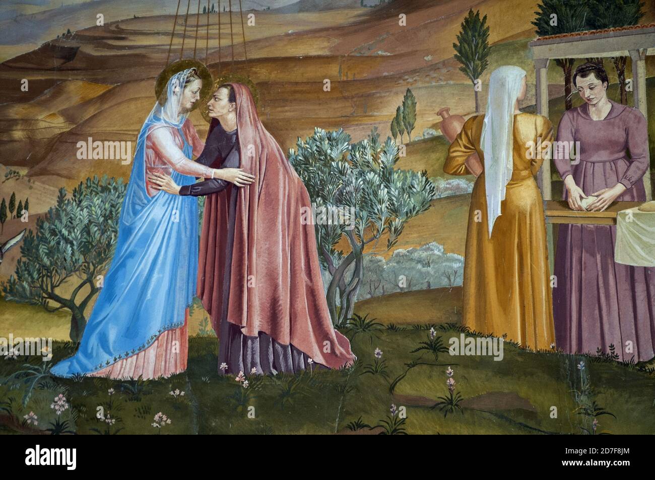 עין כרם, Ein Karem, عين كارم, Israel, Izrael, ישראל; Church of the Visitation; Fresco depicting the meeting of Mary and Elizabeth. Stock Photo