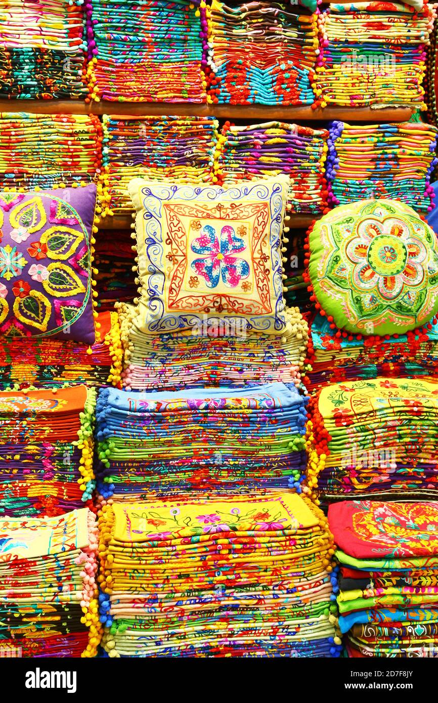Covers for cushions in Grand Bazaar of Istanbul Stock Photo