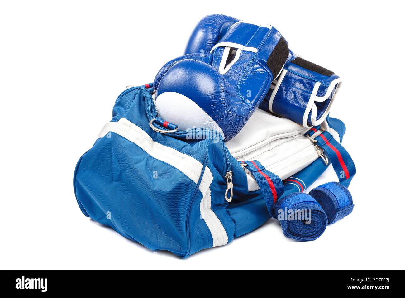 Sports bag and boxing gloves with bandages isolated on white background ...
