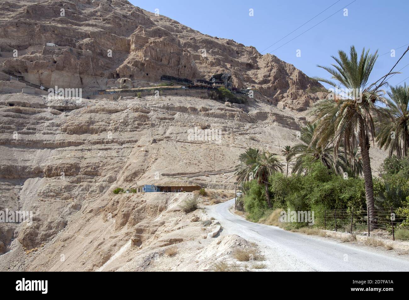 Jericho, أريحا, Israel, Izrael, ישראל, יריחו; The bottom view of the Mount of Temptation and Greek Orthodox Monastery of the Temptation Stock Photo