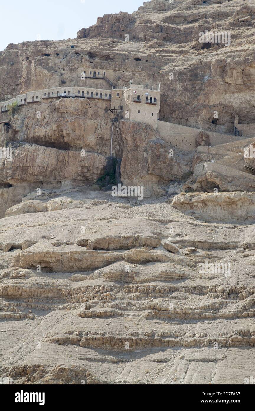 Jericho, أريحا, Israel, Izrael, ישראל, יריחו; The bottom view of the Mount of Temptation and Greek Orthodox Monastery of the Temptation Stock Photo