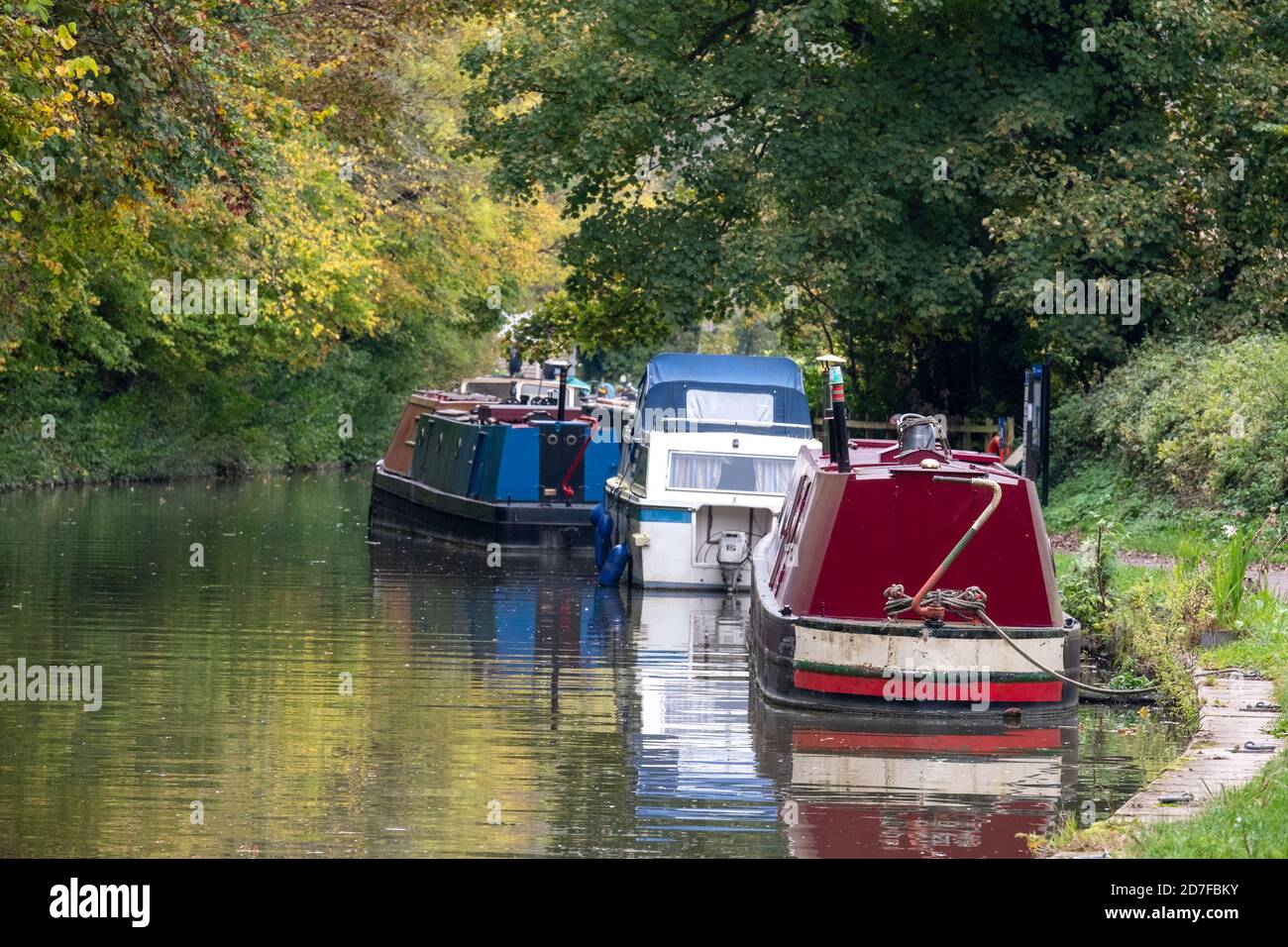 House boats on the Kennet and Avon canal near Bradford on Avon, Wiltshire, UK. Photographed in autumn. Stock Photo