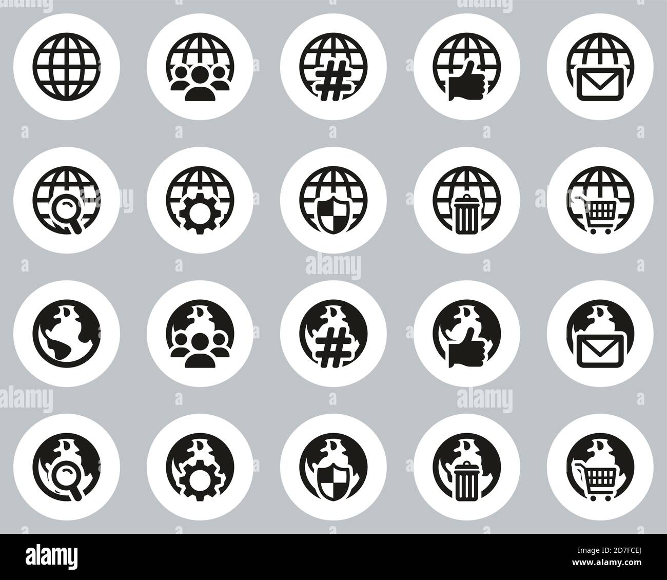 Globe App Icons Black & White Flat Design Circle Set Big Stock Vector ...