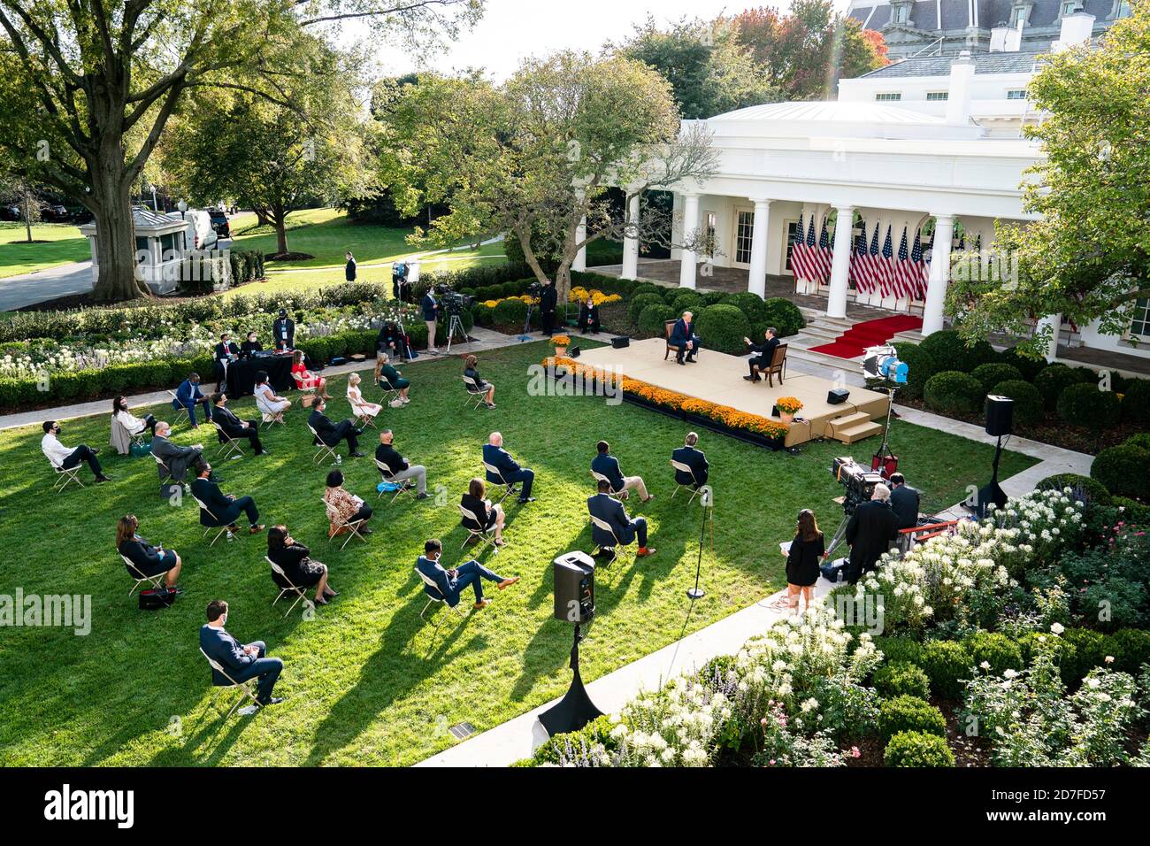 U.S. President Donald Trump, participates in a Sinclair Broadcast town hall event with host Eric Bolling in the Rose Garden of the White House October 20, 2020 in Washington, D.C. Sinclair is a conservative media outlet competing with Fox News. Stock Photo