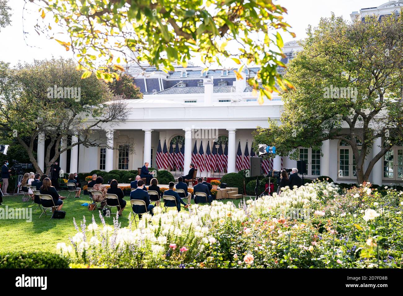 U.S. President Donald Trump, participates in a Sinclair Broadcast town hall event with host Eric Bolling in the Rose Garden of the White House October 20, 2020 in Washington, D.C. Sinclair is a conservative media outlet competing with Fox News. Stock Photo