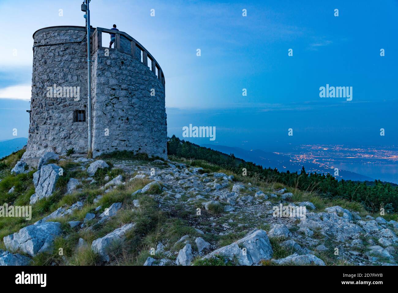 Mount Vojak and tower and Illuminated Rijeka in the background, Istria, Croatia. Stock Photo