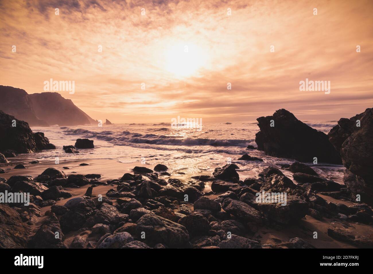 The beautiful sunset on the beach, Sintra, Portugal Stock Photo