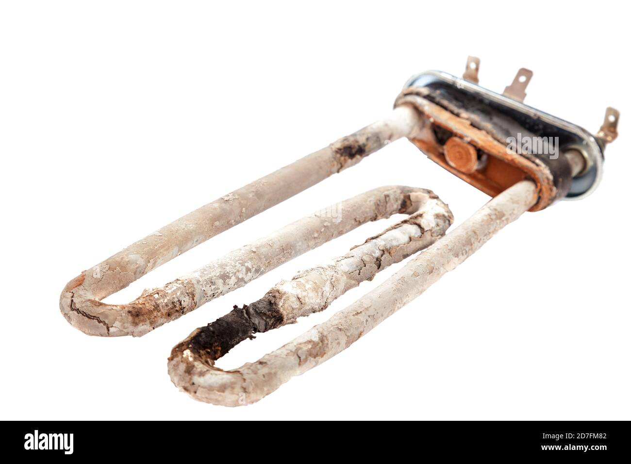 Damaged heating element of the washing machine is isolated on a white