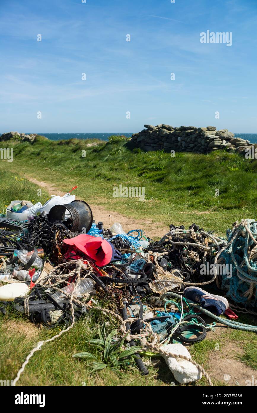 Plastic rubbish and marine debris, collected from the seashore. East Prawle, South West Costal Path, South Devon, England, UK. Stock Photo