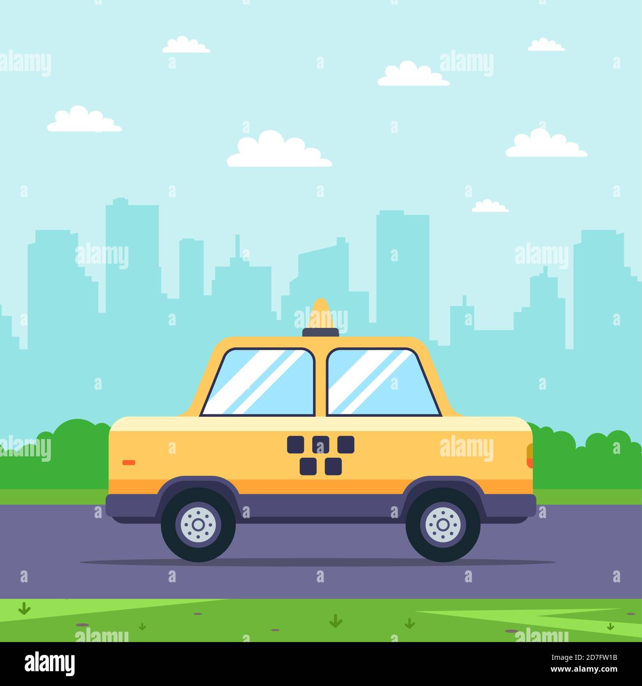 yellow taxi rides on the road against the background of the cityscape ...