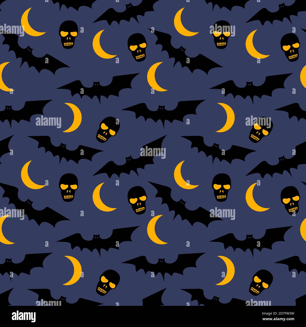 Vector seamless pattern with bats, moons, skulls and trees. Stock Vector